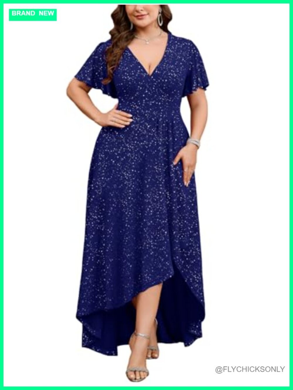 Plus Size Glitter Formal Maxi Dress V Neck High Low Hem Ruffle Sleeve Evening
